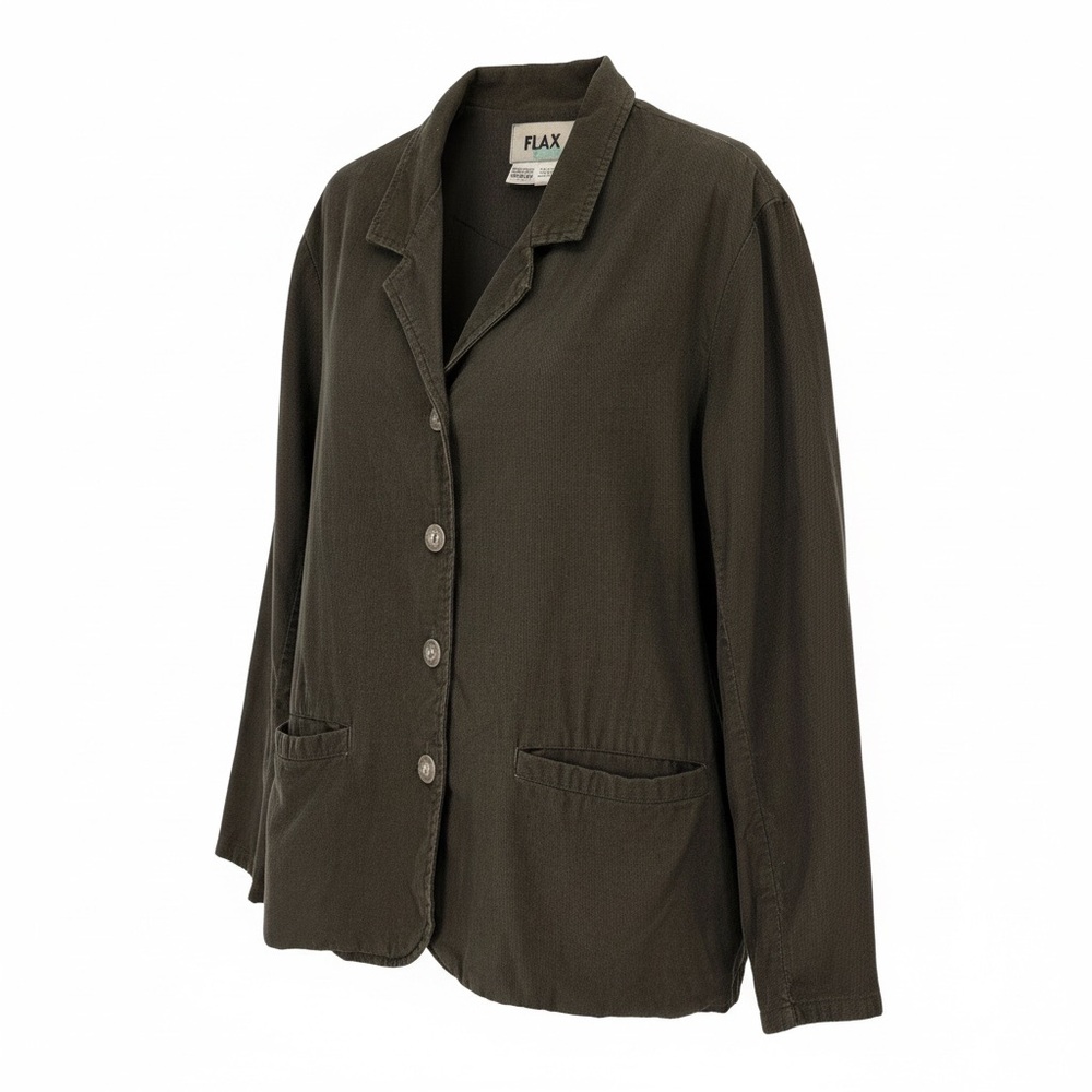 FLAX 100% Cotton Lagenlook Jacket Blazer Olive Button Front Pockets Women’s M